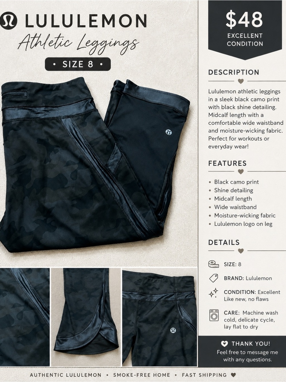 lululemon athletica Black Camo Midcalf Athletic Leggings